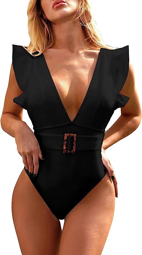 tengweng Women's One Piece Swimsuit Sexy Solid V-Neck Ruffle Bathing Suit Padded Monokini Backles... | Amazon (US)