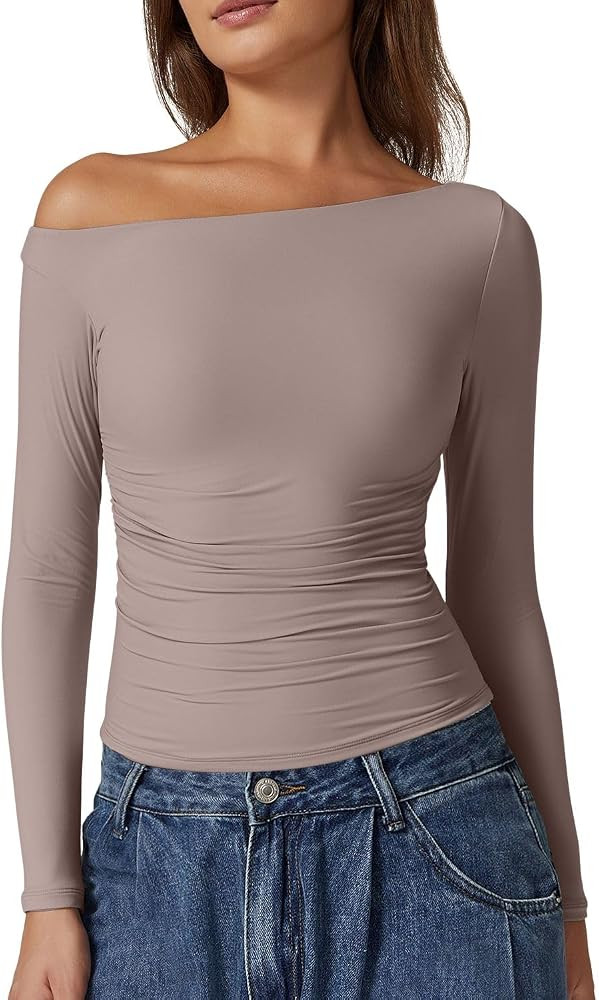QINSEN Women's Sexy Off Shoulder Shirt Long Sleeve Double Lined Tops Side Ruched Fitted Tees | Amazon (US)