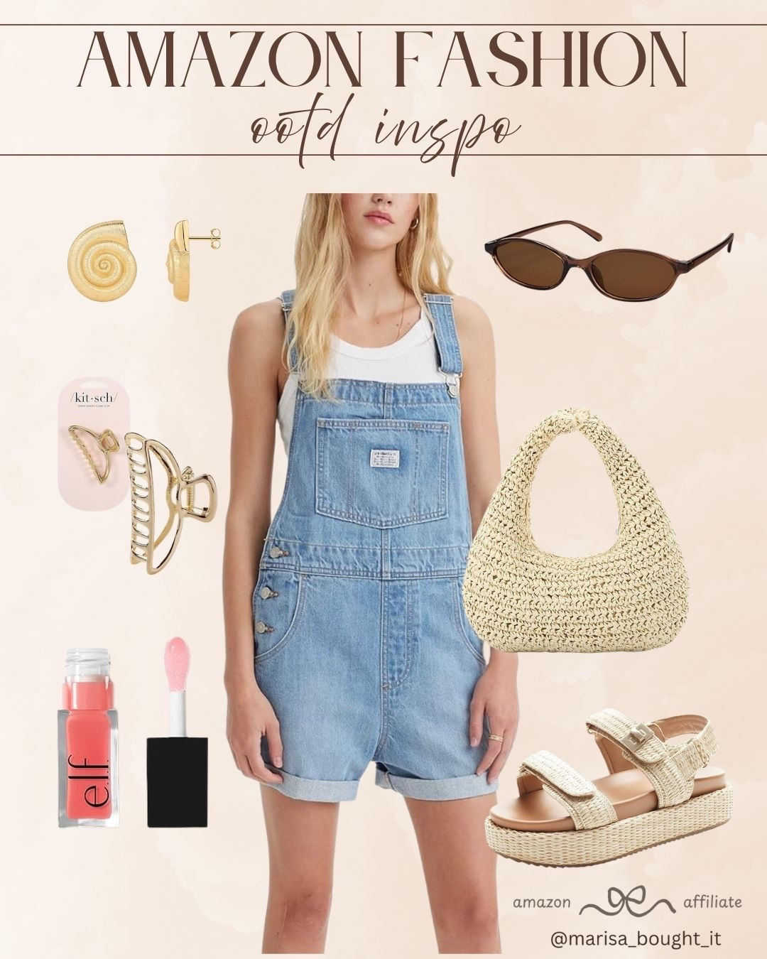 Amazon fashion finds for my OOTD inspo! 🛍️✨
I’m obsessed with this light-wash denim shorts overall look from image_0.png! It’s perfect for running errands or a casual brunch. I added gold spiral studs, Kitsch claw clips, tortoise-shell sunglasses, a woven shoulder bag, and platform sandals to complete this chic outfit.

I love the touch of pink on the nails to add a little color. 🌸☀️
I always find the best deals on Amazon and love creating these looks for you to shop. Grab these items on LTK and get ready for the best style inspiration this summer.

#amazonfashion #ootdinspo #amazonfinds #styletips #summervibes #amazoninfluencer #fashiononabudget #ltkcreator

#LTKootd