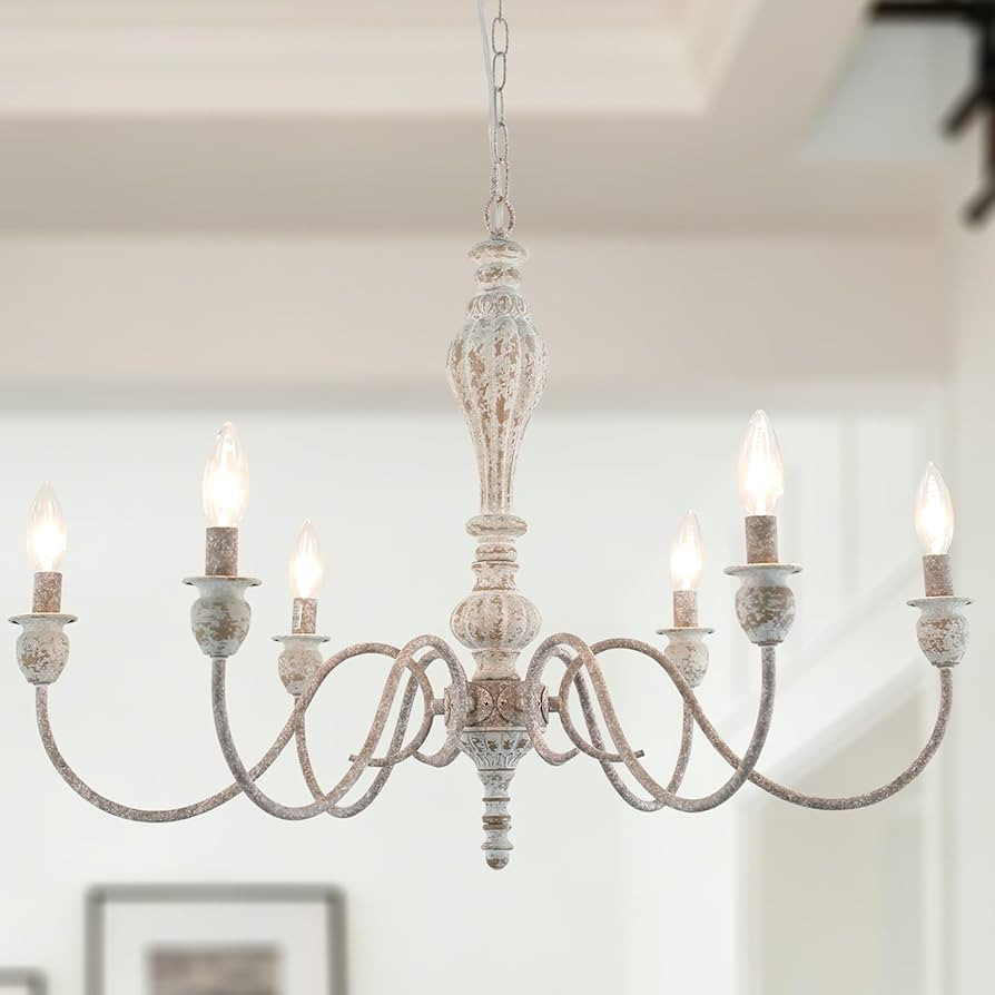 6-Lights Farmhouse French Country Chandelier 30.3\u201c Rustic Distressed Wood White Chandelier V... | Amazon (US)