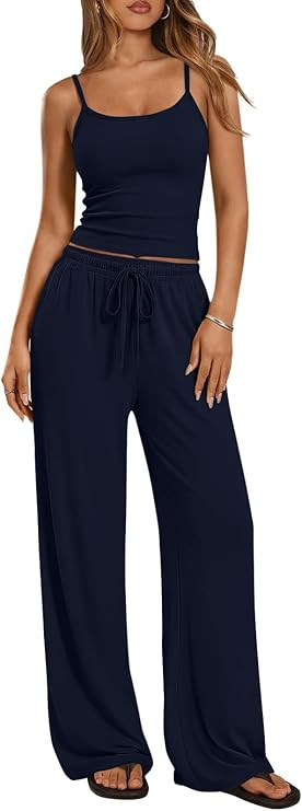Trendy Queen Women's 2 Piece Lounge Set Spring Outfits - Camisole Top & Wide Leg Pants | Amazon (US)