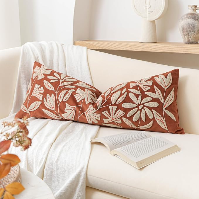 Fall Throw Pillow Cover 14x36 Long Lumbar Throw Pillow for Bed, Rust Brick Red Soft Velvet Accent... | Amazon (US)