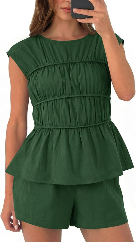 Tankaneo Womens Summer Smocked 2 Piece Short Sets Cap Sleeve Babydoll Peplum Blouse Casual Matchi... | Amazon (US)