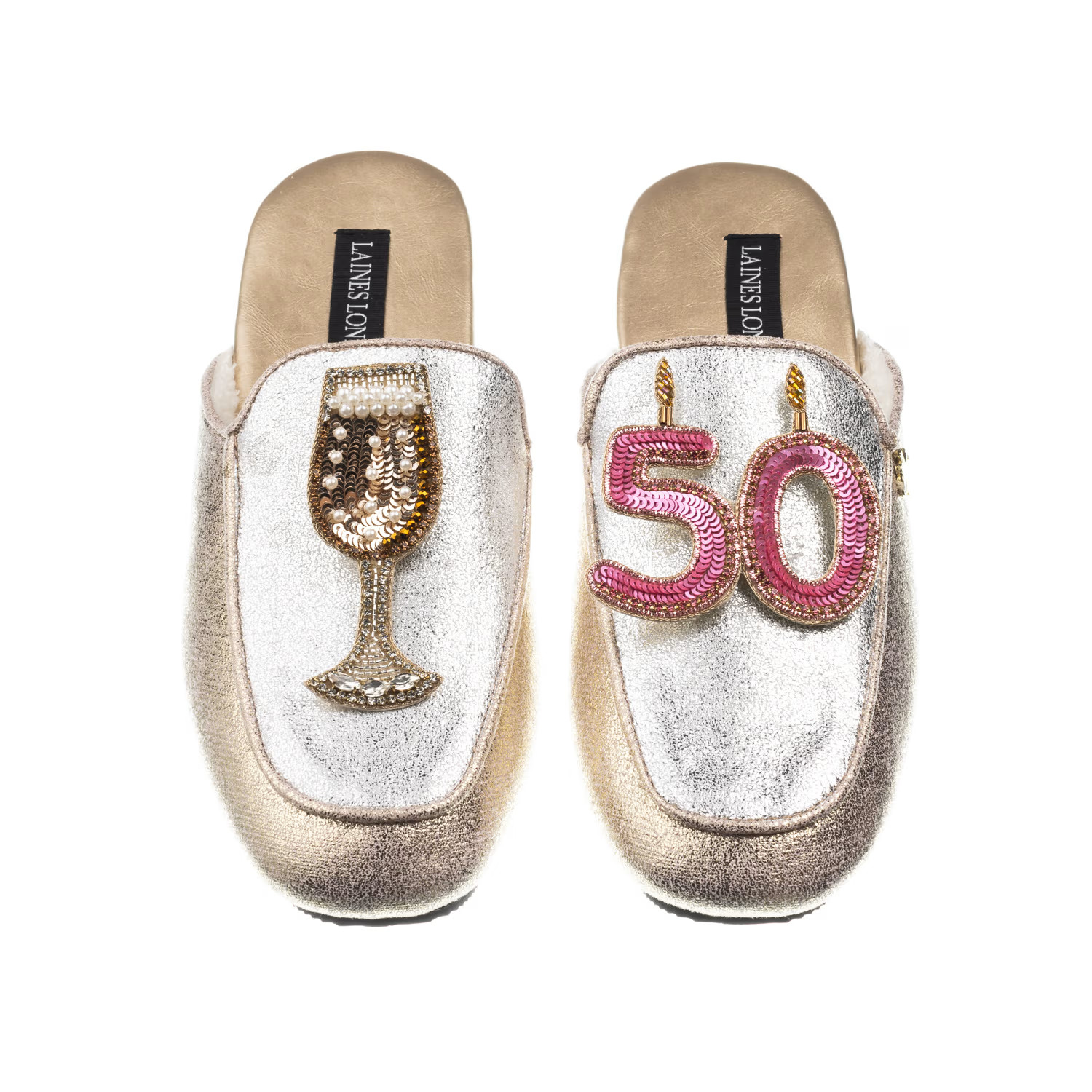 Classic Mules With 50Th Birthday & Glass Of Champagne Brooches - Silver & Gold | Wolf & Badger