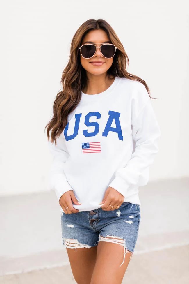 Athletic USA Flag Graphic White Sweatshirt | Pink Lily