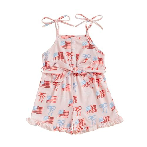 JLKGICF Fourth of July Baby Girl Outfit American Flag Bow Print Spaghetti Straps Jumpsuit 4th of July Baby Girl Outfits (Pink American Flag Bow, 18-24 Months) | Amazon (US)