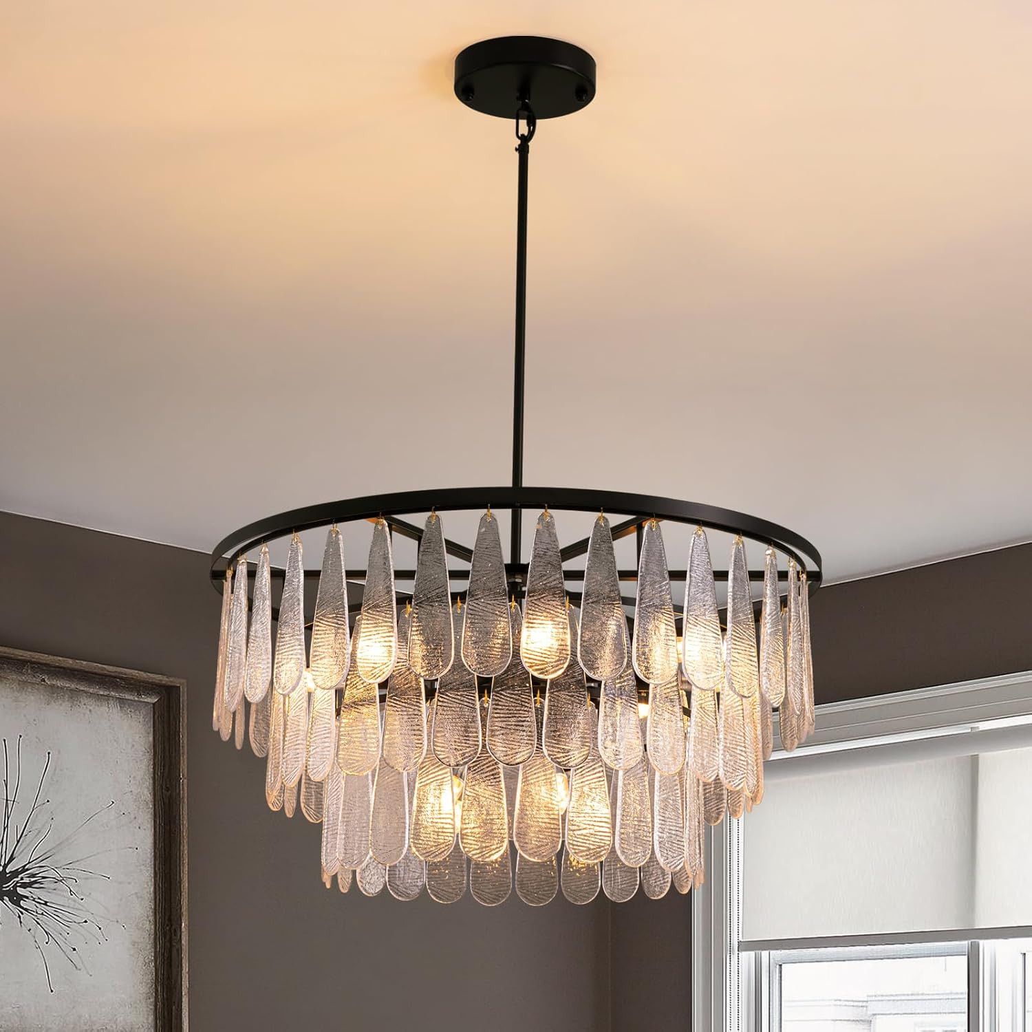 Siljoy Modern Mable Textured Glass Chandelier, 31.5" Large Black Glass Chandeliers for Dining Roo... | Amazon (US)