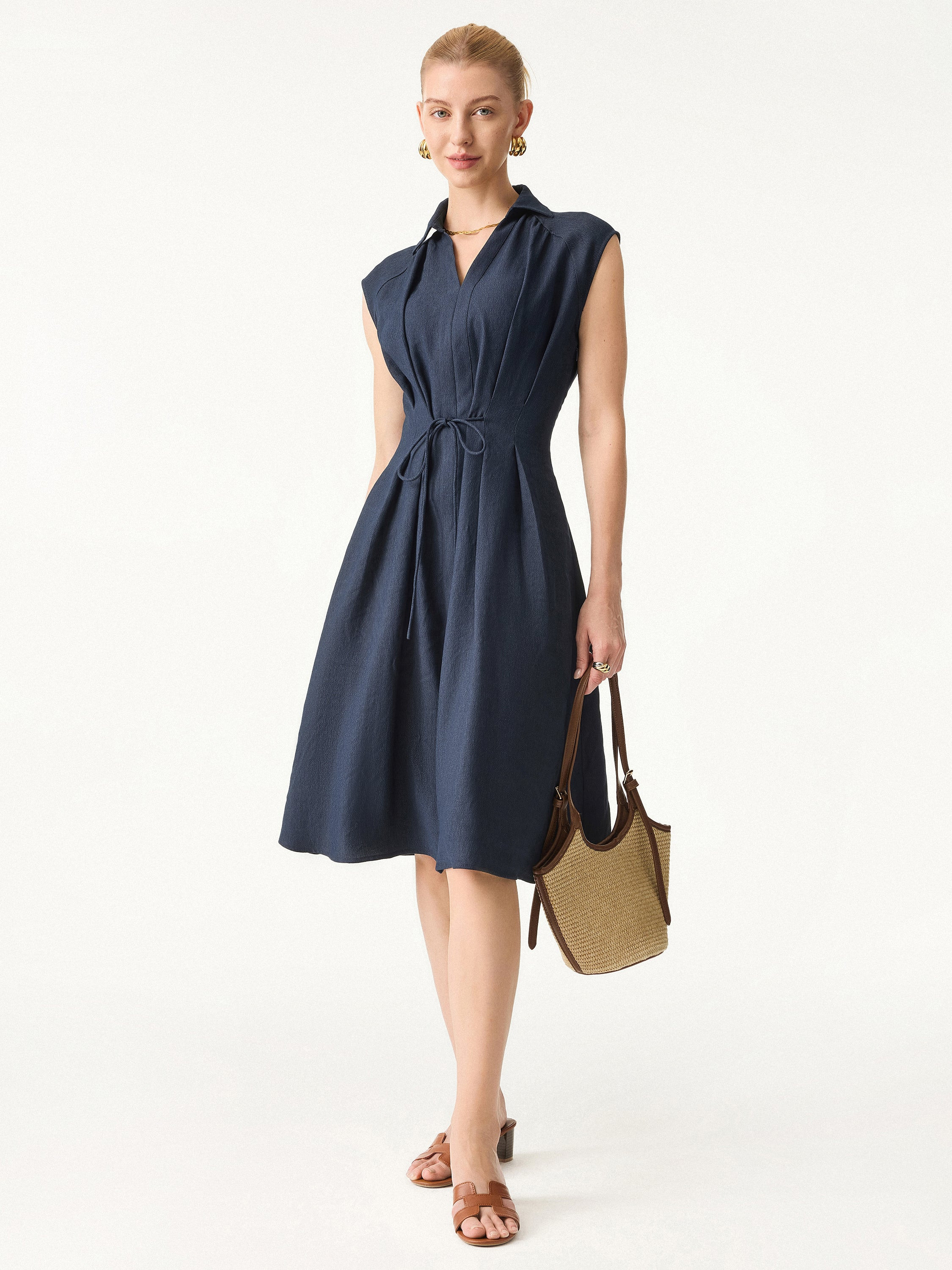 Viscose-Linen Collared V-neck Midi Dress with Drawstring | OGLmove