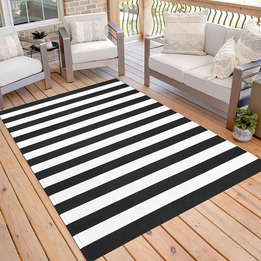 KOZYFLY Black and White Striped Outdoor Rug 5x7 Ft Area Rug Washable Indoor Outdoor Rug Cotton St... | Amazon (US)