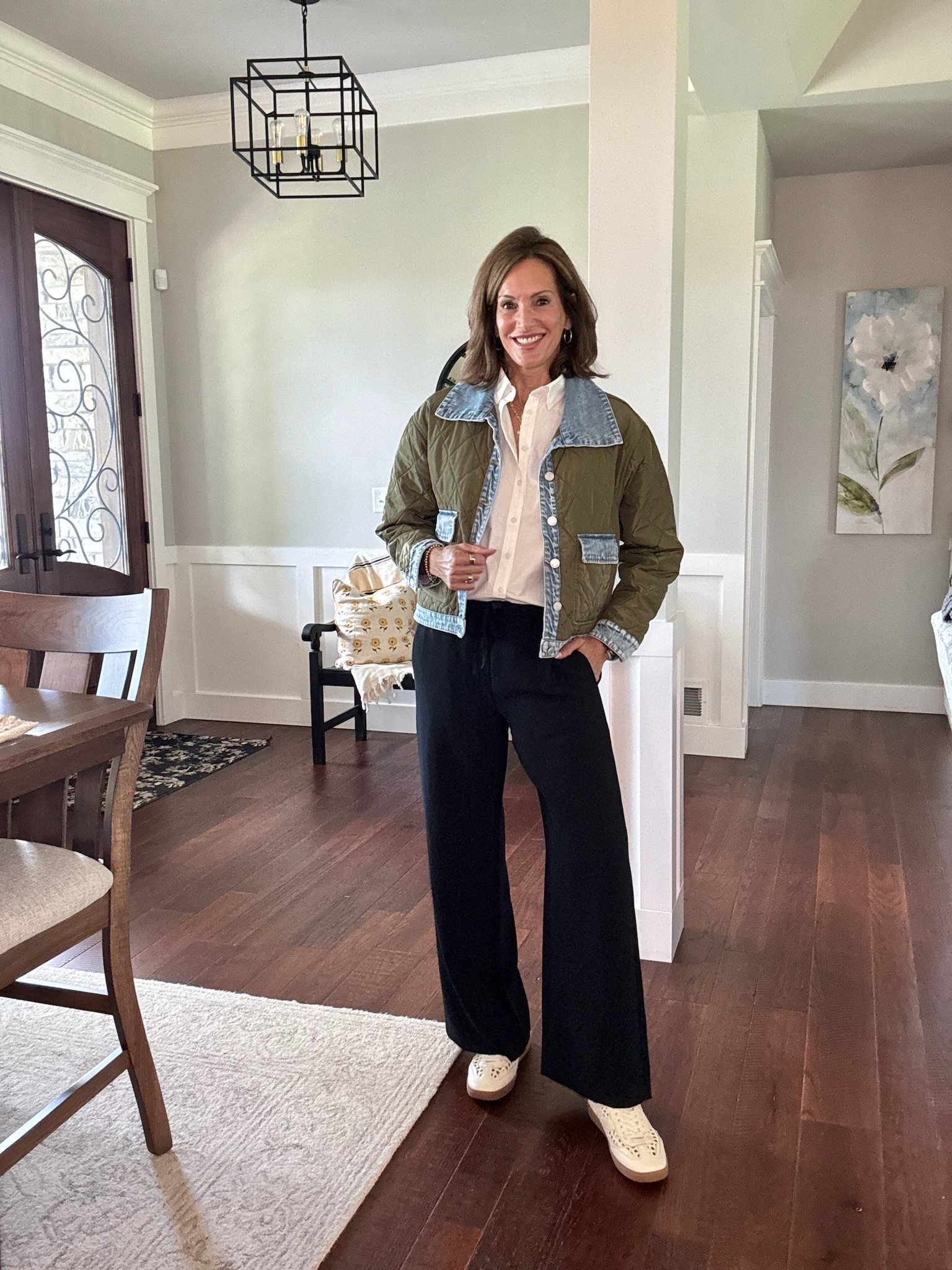 Quilted jacket with denim trim - large Black wrinkle free wide leg pants - size medium White shirt - medium 
Fall styles

#LTKootd #LTKWorkwear #LTKTravel