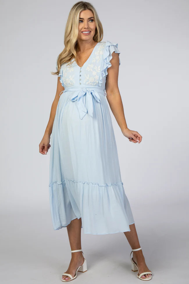 Light Blue Embroidered Waist Tie Ruffle Maternity Midi Dress | PinkBlush Maternity