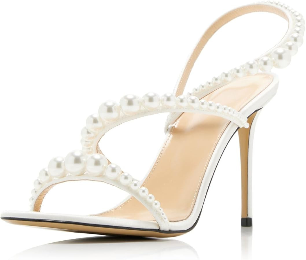 Goolita Womens Round Toe Stiletto Heeled Sandals Pearl Slip On Strappy Sandals Satin Dress Evenin... | Amazon (US)