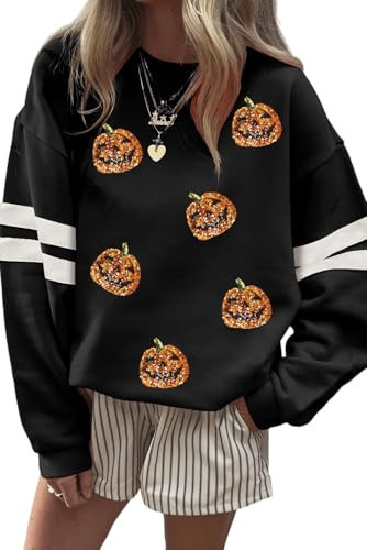BCWCM Halloween Pumpkin Sweatshirt for Women Oversized Crewneck Long Sleeve Striped Tops Casual Pullover Sequin Sweatshirts | Amazon (US)