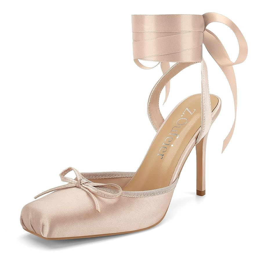 Women's Satin Ballet Heels Ballerina Bow Closed Square Toe Strappy Stiletto High Slingback Lace U... | Amazon (CA)