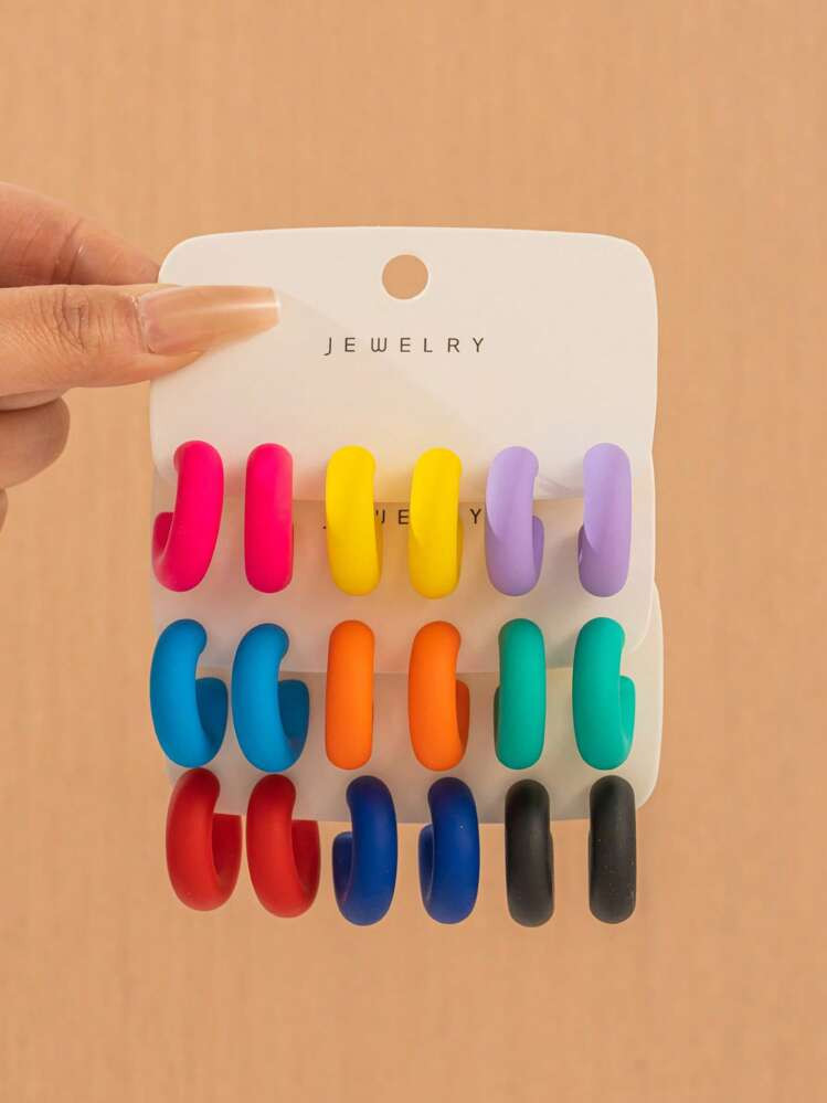6-18pcs/Set New Ins-Style Textured Small C-Shaped Earring Set, Fashionable Acrylic Candy Color Rubber Touch C-Rings, Suitable For Daily Wear | SHEIN
