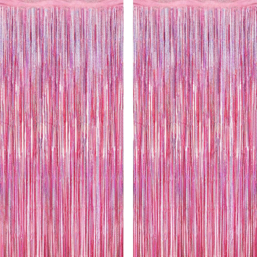 2 Pack Glitter Pink Backdrop, 3.28 FT x 7.05 FT Birthday Party Decorations, Laser Pink Fringe Cur... | Amazon (US)