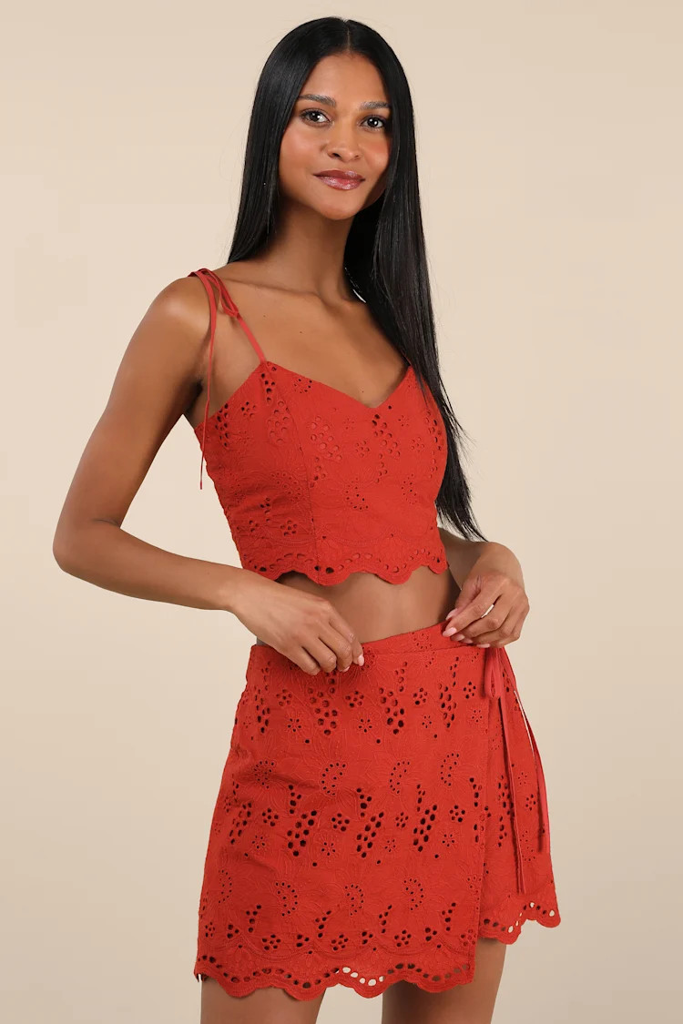 Kamilla Rust Red Eyelet Embroidered Mini Wrap Skirt | Lulus