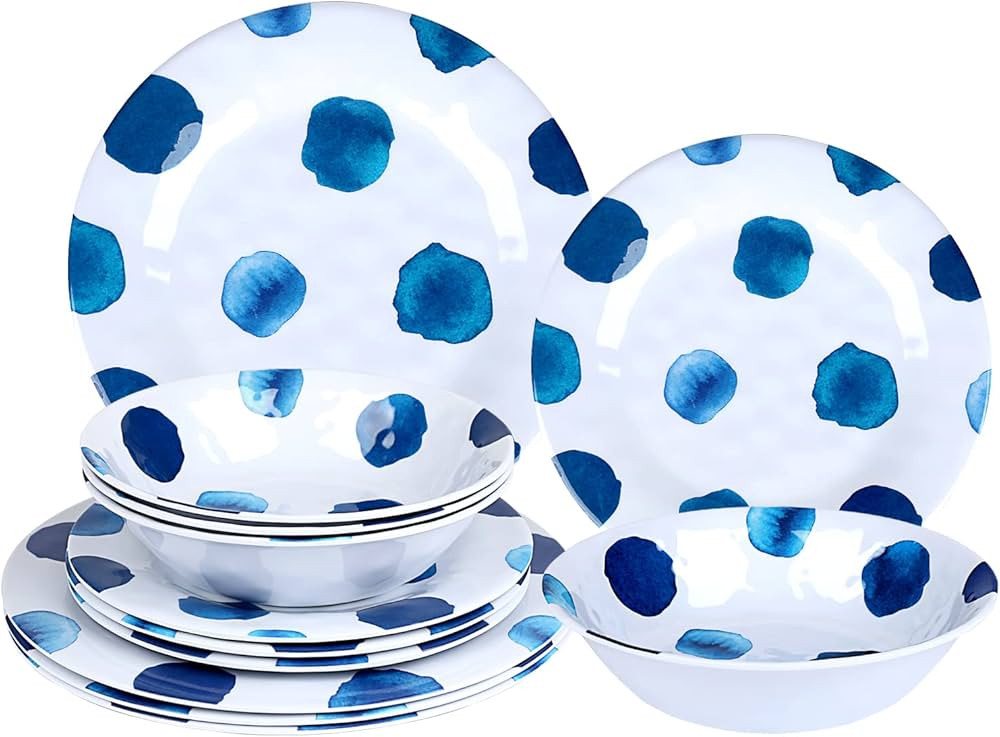 Melamine Dinnerware Sets 12 Pcs Dish Set Plates Bowls Unbreakable for Kitchen Dinner Outdoor Indo... | Amazon (US)