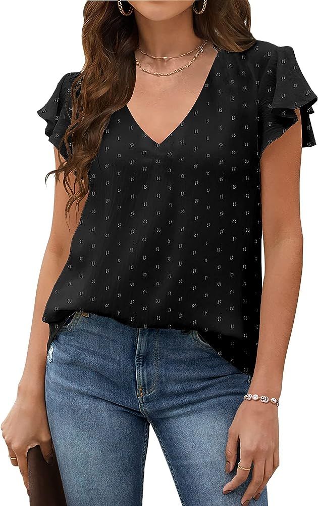 Zeagoo Womens Blouse V Neck Ruffle Short Sleeve Swiss Dot Tops Button Casual Shirts S-XXL | Amazon (US)
