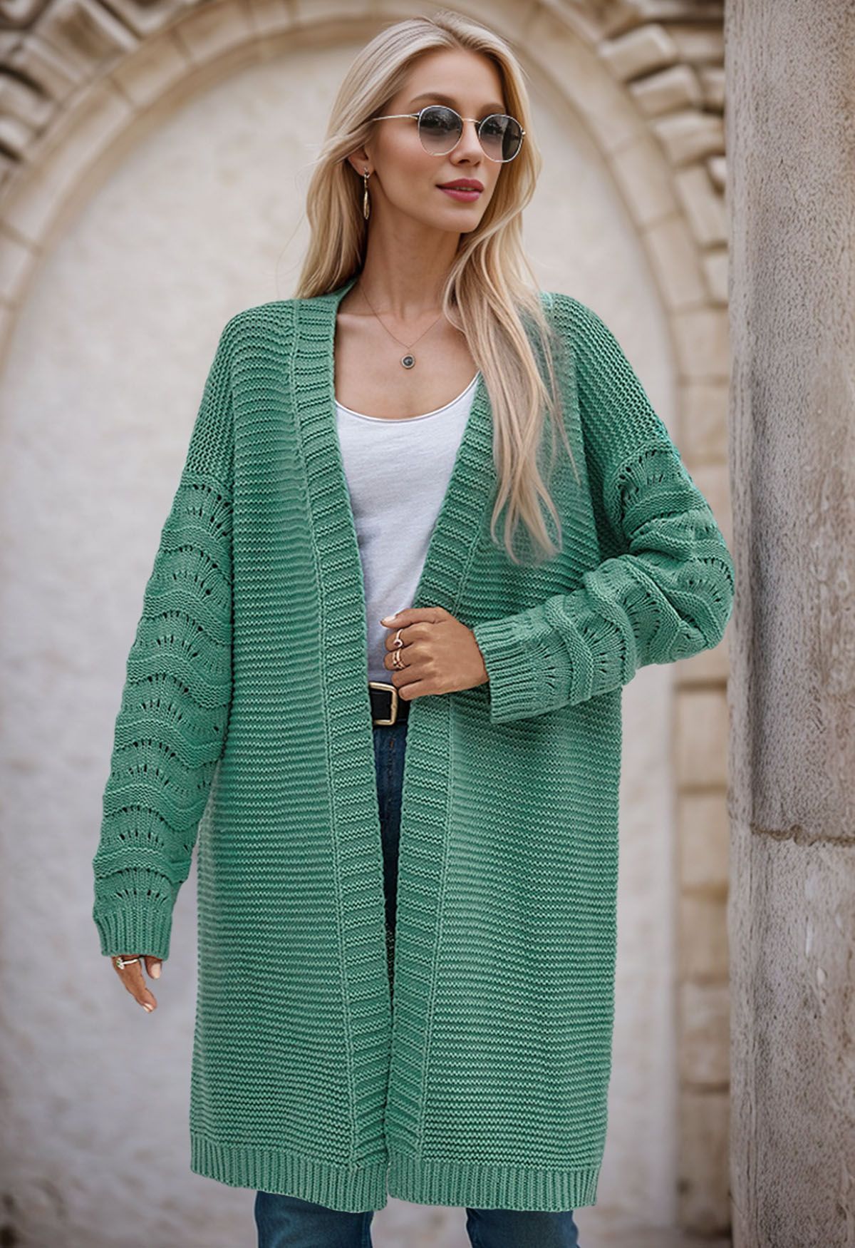 Pointelle Sleeve Open Front Longline Cardigan in Teal | Chicwish