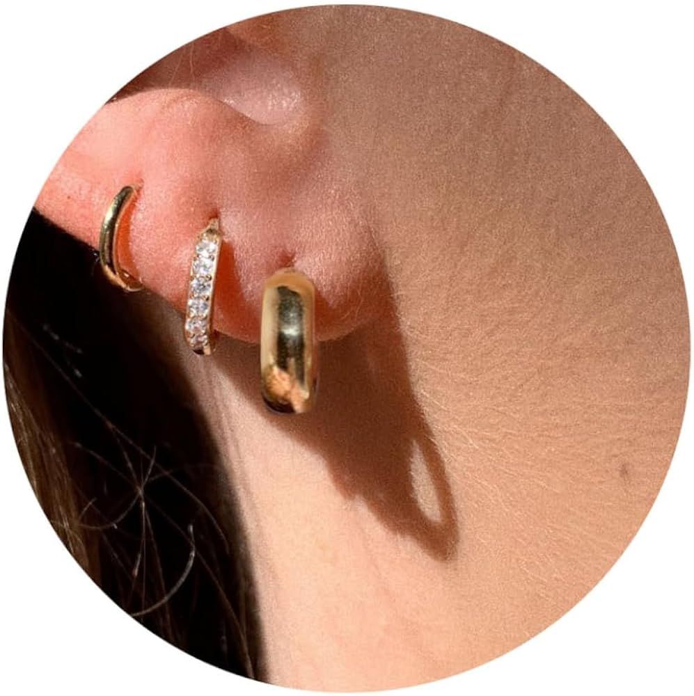 3Pairs Small Gold Huggie Hoop Earrings Set for Women Men Girls, 14K Gold Plated Tiny Hypoallergen... | Amazon (US)