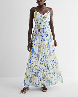 Floral V-Neck Pleated Cross Back Maxi Dress | Express