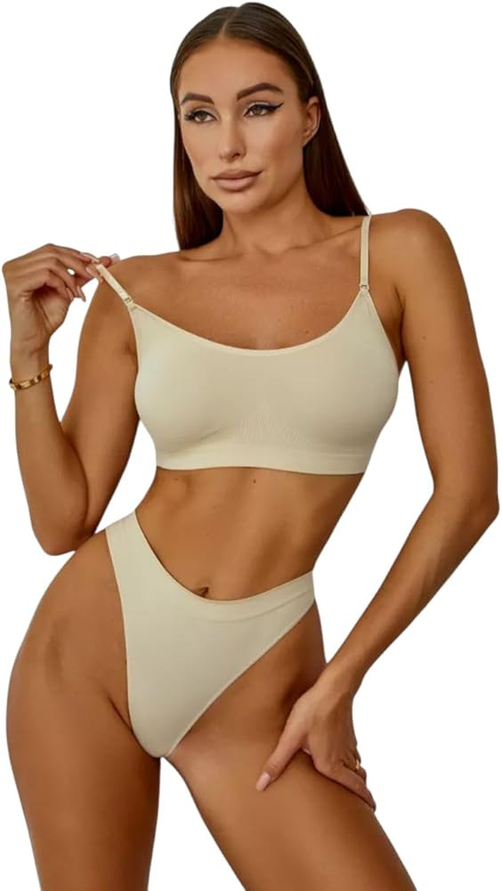 Bra and Panty Set 2 Piece Seamless Soft Bralette and Thong Wireless No Show Lingerie for Women Ev... | Amazon (US)