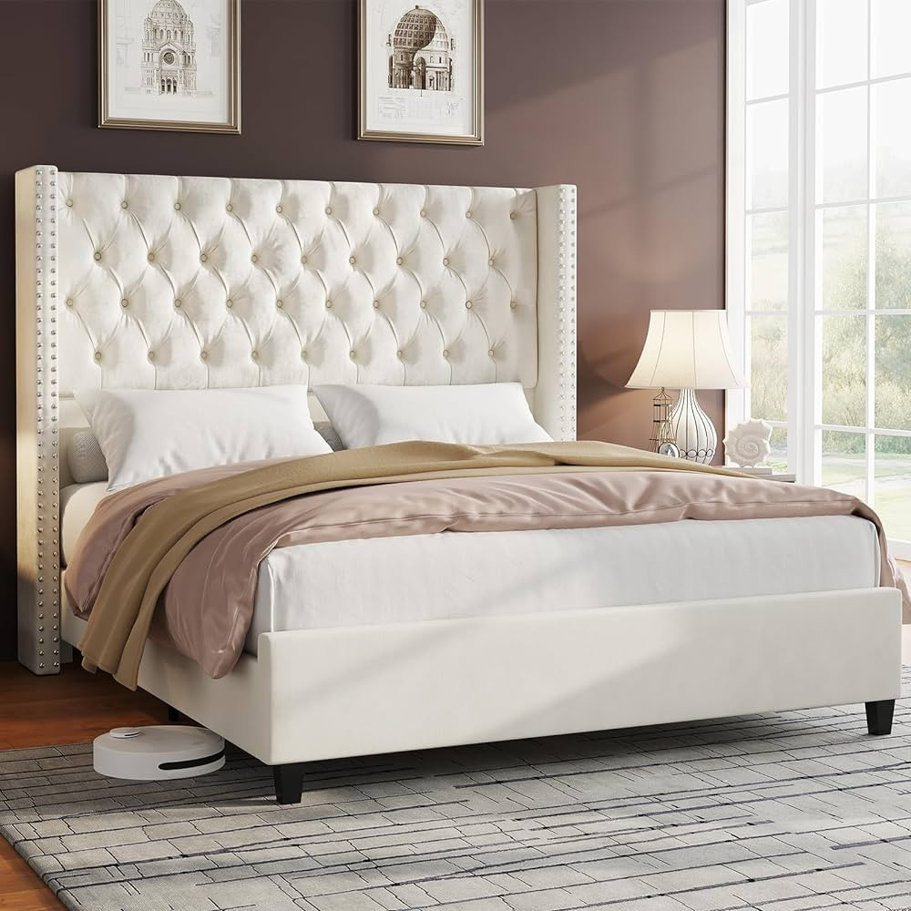 Jocisland Queen Upholstered Bed Frame with Tall Headboard Wingback Platform Bed Tufted Deep Butto... | Amazon (US)