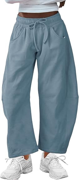 Hongsui Women's Barrel Leg Pants Elasticated Waistband Soft Wide Leg Pants with Pockets Casual Sw... | Amazon (US)