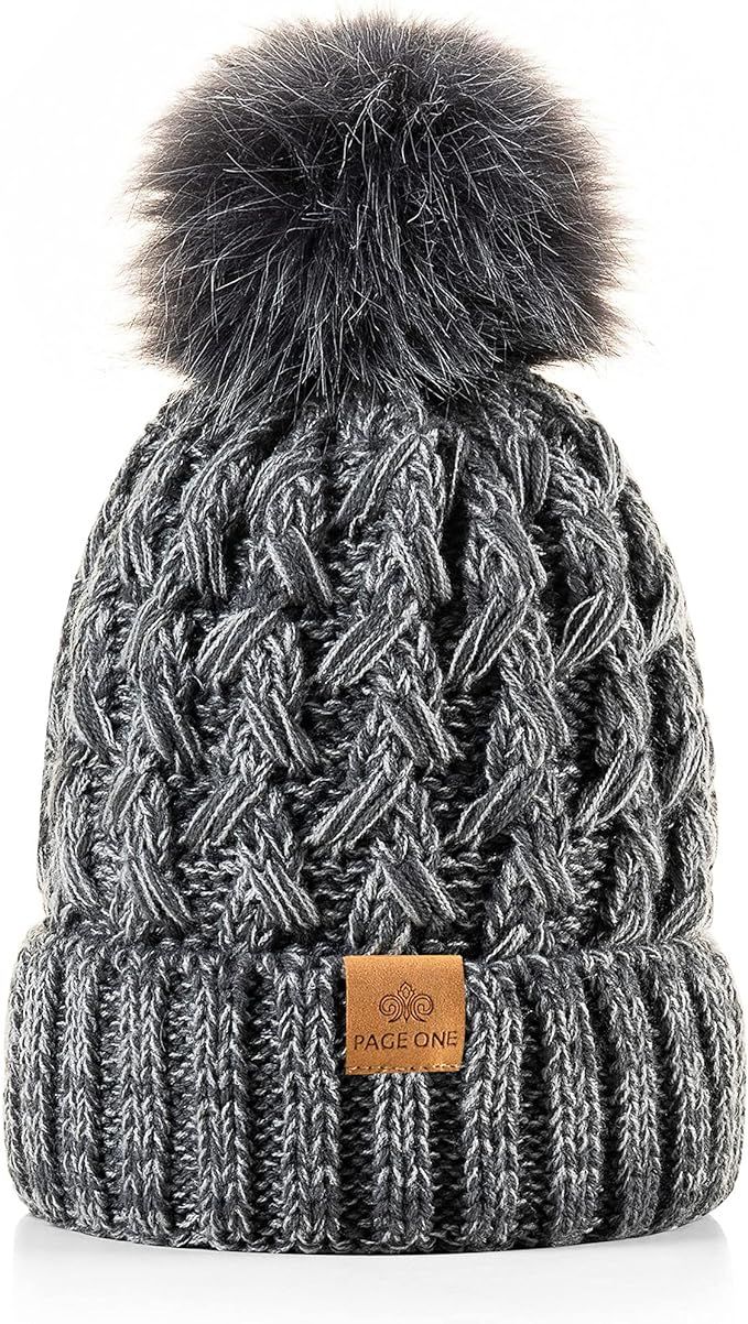 PAGE ONE Womens Winter Ribbed Beanie Crossed Cap Chunky Cable Knit Pompom Soft Warm Hat | Amazon (US)