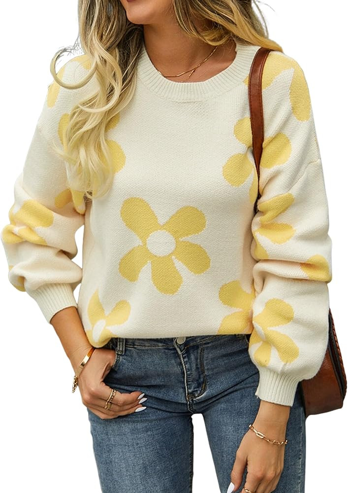 ECOWISH Women's Sweater 2023 Fall - Long Sleeve Crewneck Tops Knit Oversized Pullover Casual Prin... | Amazon (US)
