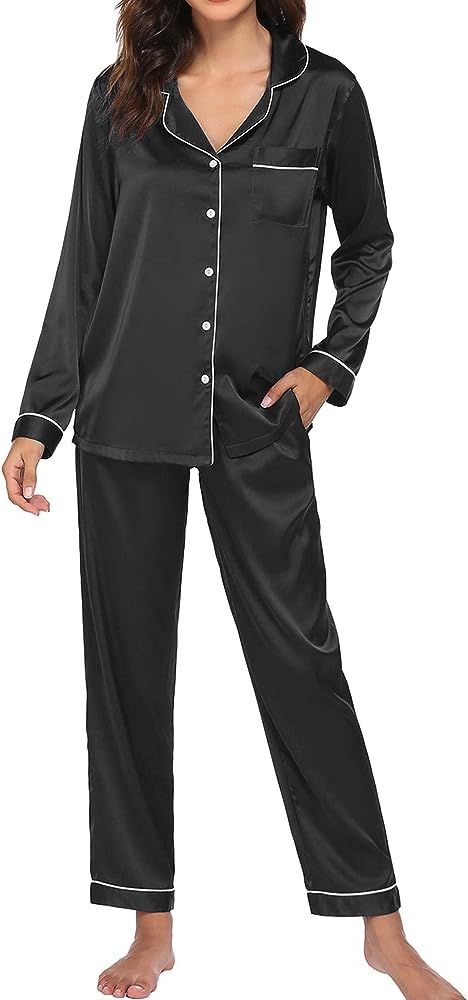 Ekouaer Satin Pajamas Women’s Long Sleeve Sleepwear Silk Soft Button Down Loungewear Pjs Set S-... | Amazon (US)