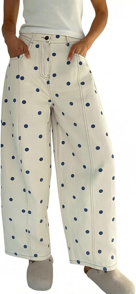 CHARTOU Y2k Polka Dot Barrel Jeans Women Seam Front Baggy Jeans Casual High Waist Wide Leg Denim ... | Amazon (US)