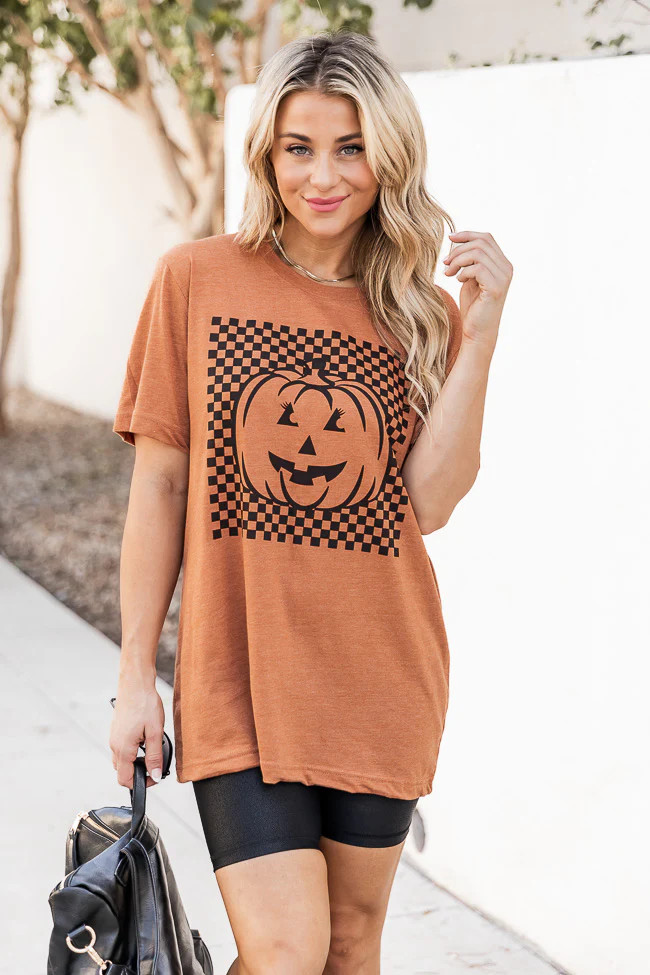 Checkered Pumpkin Burnt Orange Graphic Tee | Pink Lily