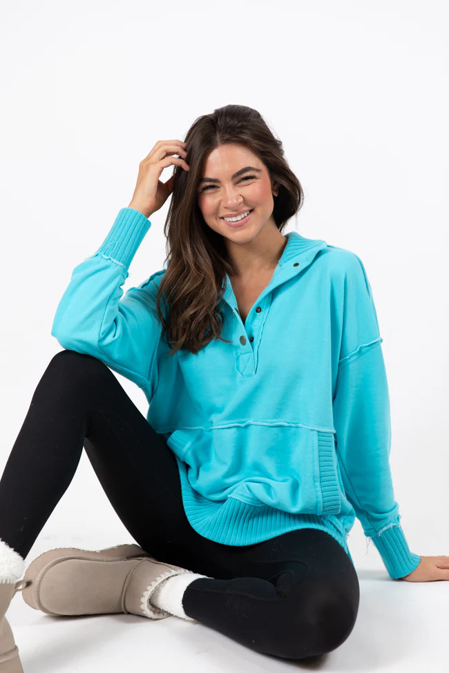 Just Go With It Blue Oversized Henley Pullover | Pink Lily