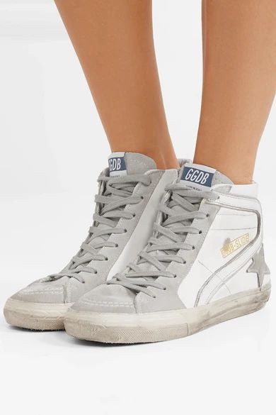 Slide distressed leather and suede high-top sneakers | NET-A-PORTER (US)