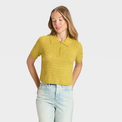 Women's Short Sleeve Collared Neck Pullover Sweater - Universal Thread™ Yellow XL | Target