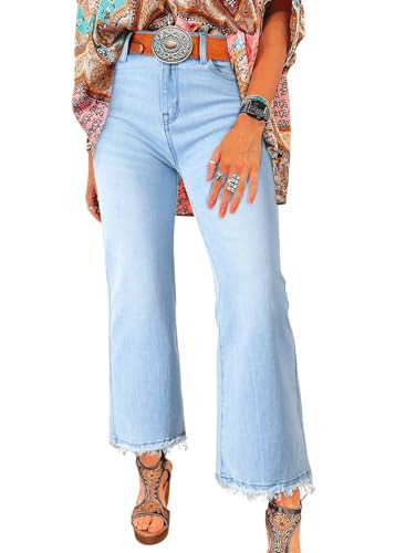Astylish Women's Flared Jeans High Waisted Stretchy Straight Leg Boyfriend Jeans Loose Ripped Raw Hem Ankle Denim Pants with Pocket Size 12 Light Blue | Amazon (US)