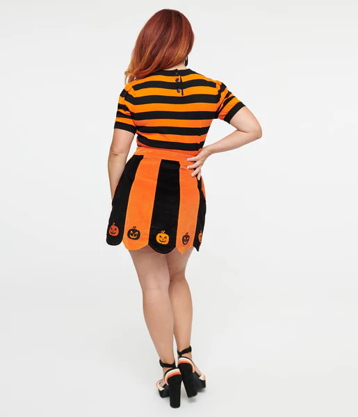 Smak Parlour 1960s Orange & Black Pumpkin Corduroy Mini Skirt | UniqueVintage