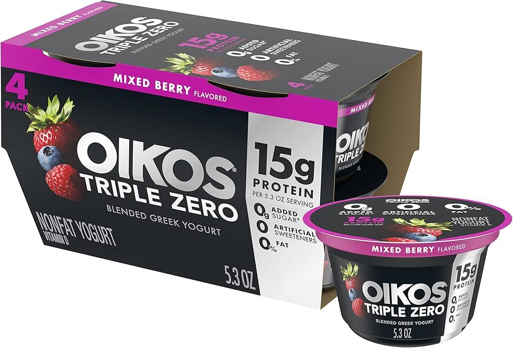 Oikos Triple Zero Mixed Berry Nonfat Greek Yogurt Pack, 0% Fat, 0g Added Sugar and 0 Artificial S... | Amazon (US)