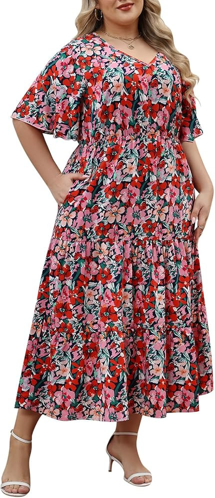 Keluummi Plus Size Summer Wedding Guest Maxi Dresses for Curvy Women, Casual Floral 3/4 Sleeve Em... | Amazon (US)