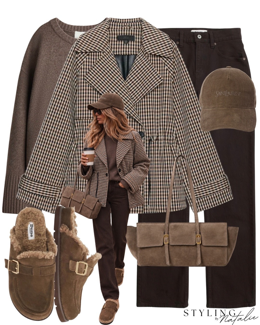 Check print trench jacket with drawstring waist, brown jeans, suede bag, fur lined clogs, knit jumper and YSL corduroy hat. @Elleme Zara, Dune, autumn winter, fall outfit.

#LTKautumn #LTKeurope #LTKFashionMonth