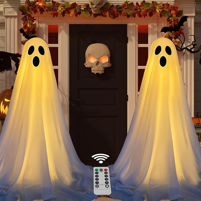 2 Packs Halloween Decorations Outdoor, Spooky Halloween Ghost Decor with Remote String Lights Bat... | Amazon (US)