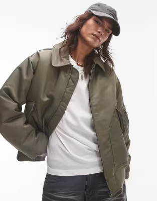 Topshop twill nylon bomber jacket in khaki | ASOS (Global)