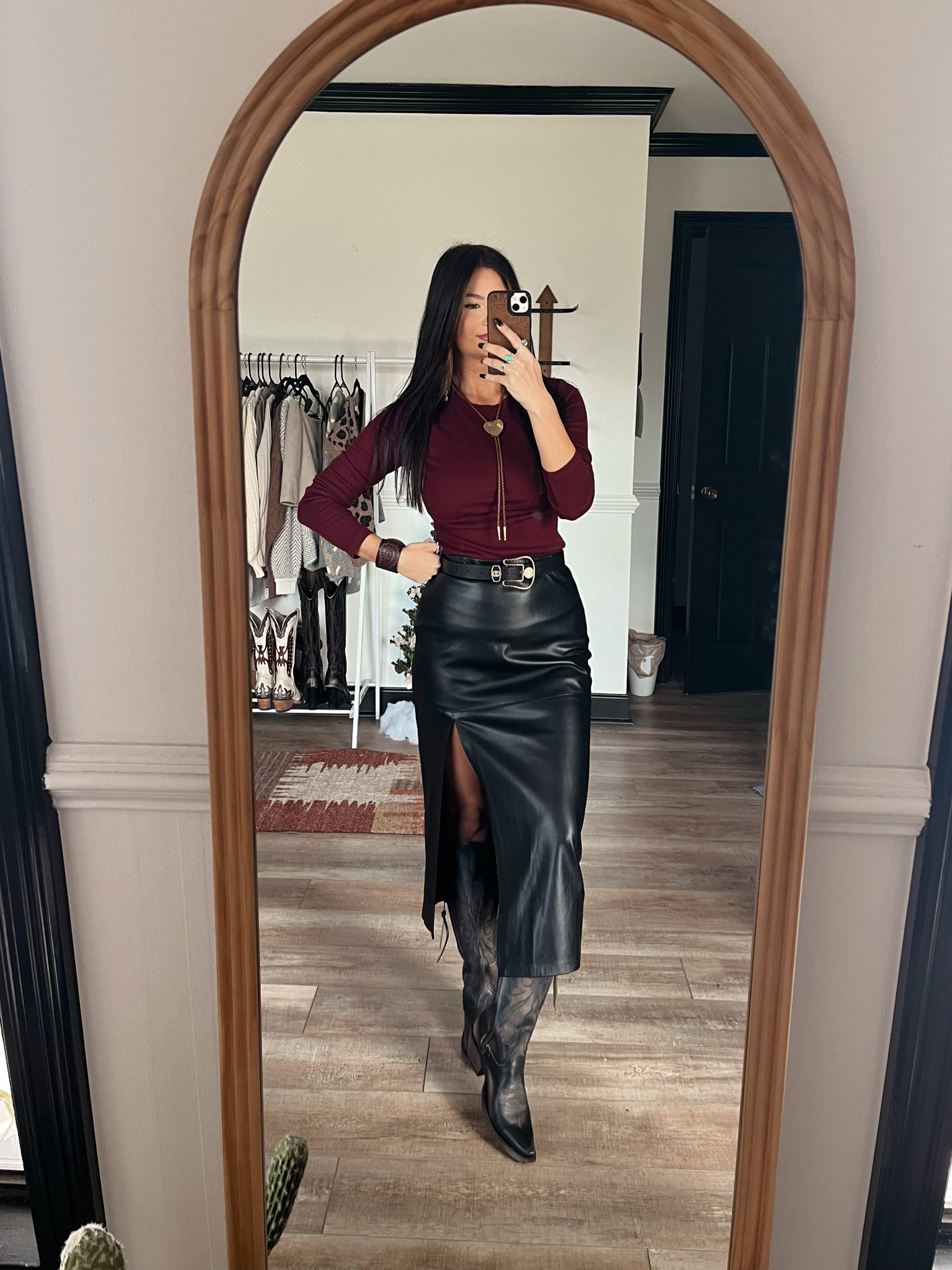 Black leather midi skirt paired with basic burgundy top, leather boots, and gold accents! 

Earrings Highway hippie code LORI10
Necklace November Maker 