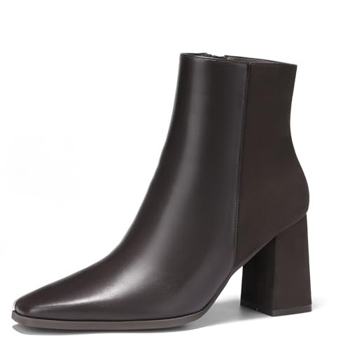 ALICEPUB Brown Ankle Boots for Women Brown Chunky Heels Boots Short Boots Fall Short Boots Dress Booties Square Toe Boots with Side Zipper, Size 10 | Amazon (US)