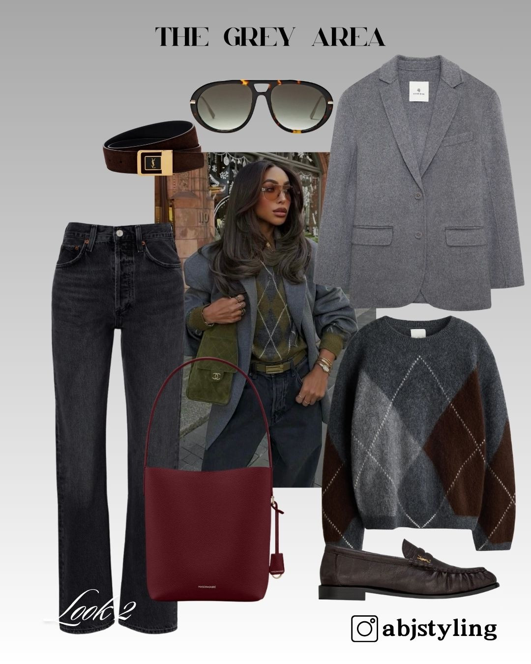 Same blazer-and-denim base, but with a darker argyle knit and burgundy bag.

Styling tip: burgundy works beautifully with charcoal because it adds colour without breaking the deeper autumn palette.

#LTKuk #LTKeurope #LTKautumn