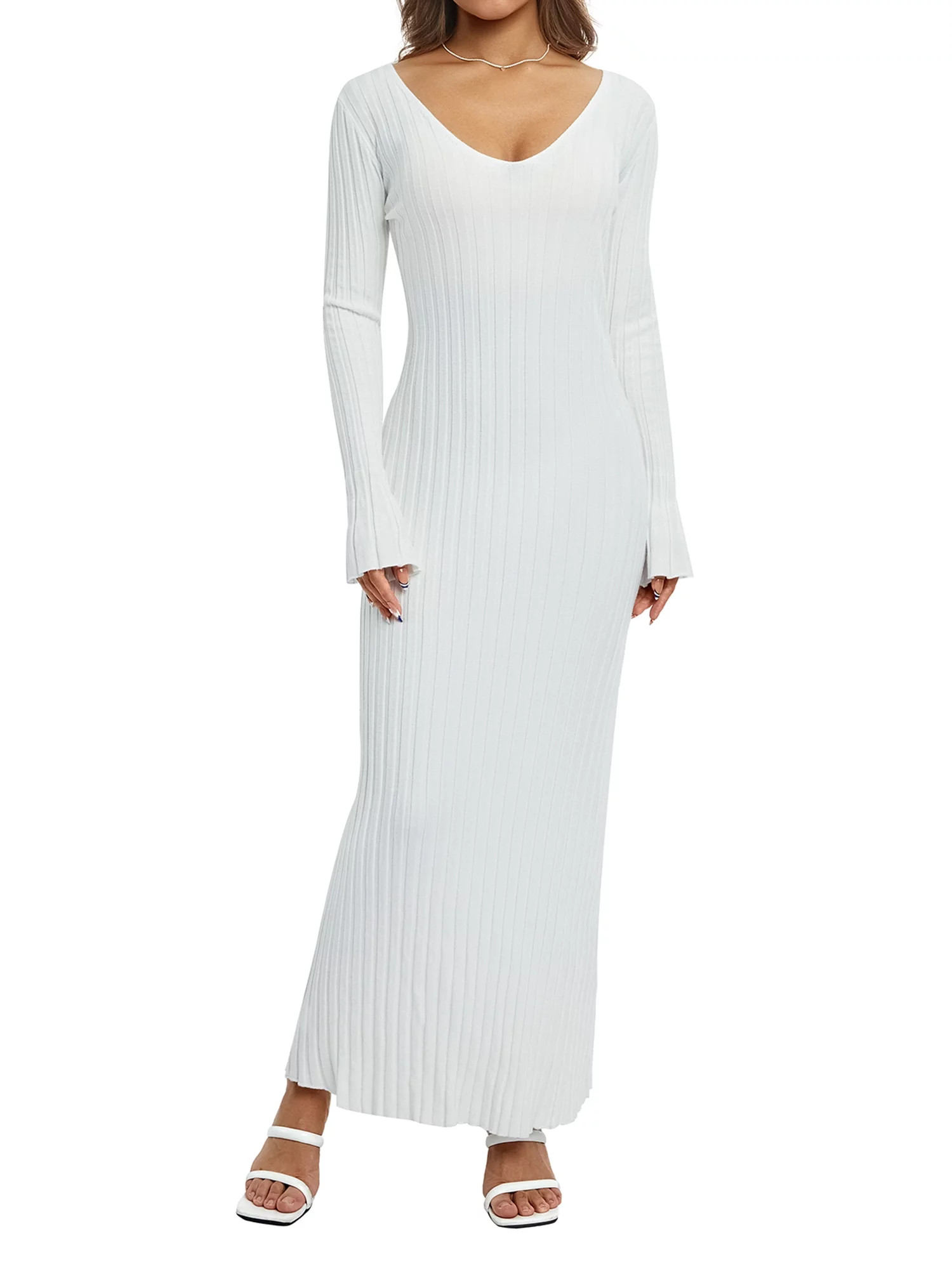 Liangchengmei Women's Ribbed Long Sleeve Sweater Dress V Neck Slim Fit Knitted Midi Dress - Walma... | Walmart (US)