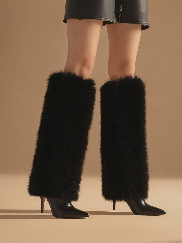 Women's Fluffy Fur Knee High Boots Pointed Toe Stiletto Heel Fall Shoes Holiday Vacay Vibe For Wi... | SHEIN