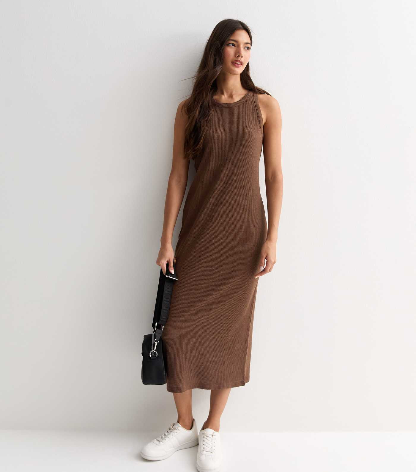 Dark Brown Ribbed Racer Midi Dress | New Look | New Look (UK)